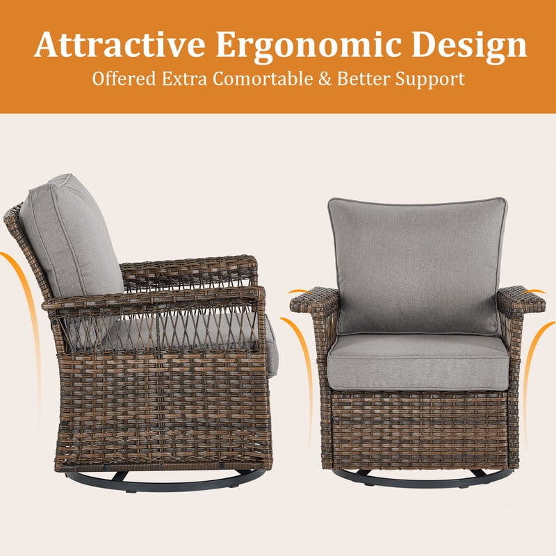 PARKWELL 4 Pieces Patio Furniture Set with Fire Pit Table, Outdoor All-Weather Wicker Conversation Couch Set with Swivel Gliders Chairs, Deep Seating Furniture for Porch Deck, Brown/Gray