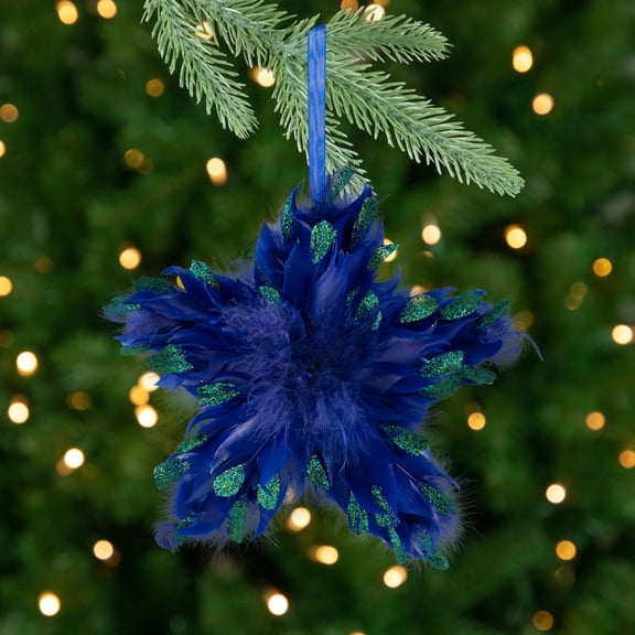 Northlight Plush Glittery Peacock Feather Star Shaped Christmas Ornament - 9" - Blue