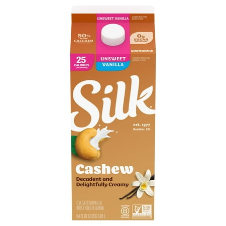 Silk Cashew Milk, Unsweet Vanilla, Dairy Free, Gluten Free, 64 FL OZ Half Gallon