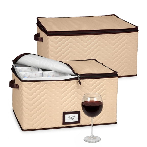 Wine Glass Storage Box with Dividers, Holds 12 Glasses up to 4.25-in Wide, Quilted Microfiber Stemware Storage Case with Carry Handles, Ideal for Red Wine Glasses, 2 Pack