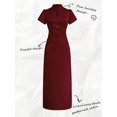 thumbnail image 4 of Burgundy Jacquard Satin Qipao Dress, Short Sleeve Button Front Cheongsam, 4 of 24
