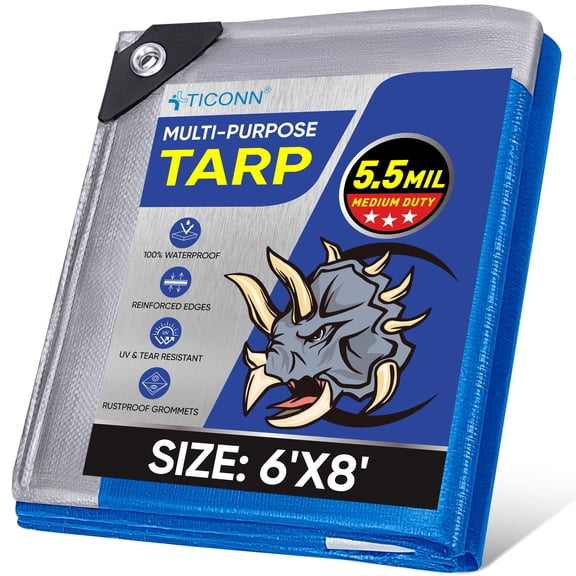 TICONN 6 ft x 8 ft, 5.5 Mil Thickness Heavy Duty Waterproof Tarpaulin Cover