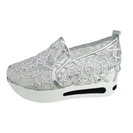 DVKOVI Ladies Slip on Shoes Womens Platform Sneakers Women s Shoes Thick Bottom Slope Heel Sequins Mesh Breathable Casual Shoes High Arch Shoes for Women Silver 42