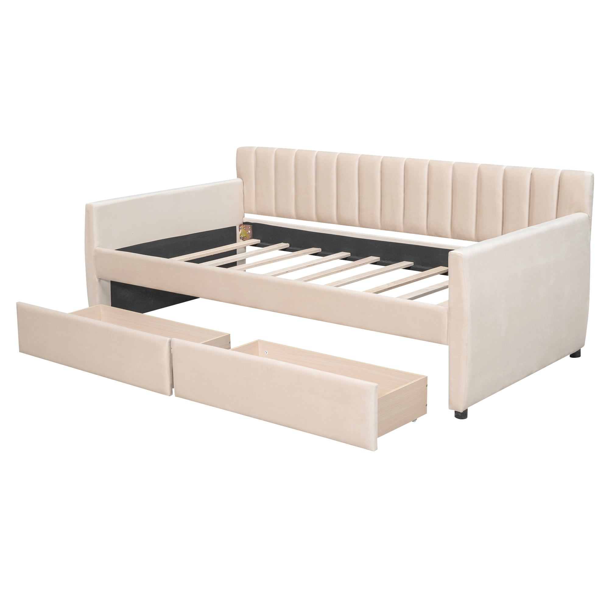 DEALTOPS Twin Size Upholstered Daybed with 2 Drawers for Bedroom Living Room Daybed Frame No Box Springs Need - Beige