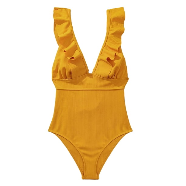 Gibobby Trajes de Baño Mujer Completo Traje de baño delgado conservador con escote en V y espalda abierta con volantes y borde volador que cubre el vient(Amarillo,CH)