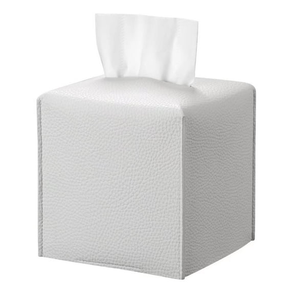KEEPJOY Square Tissue Box Cover, White Pu Leather Tissue Box Holder with Bottom Belt Tissue Box Organizer for Home Office