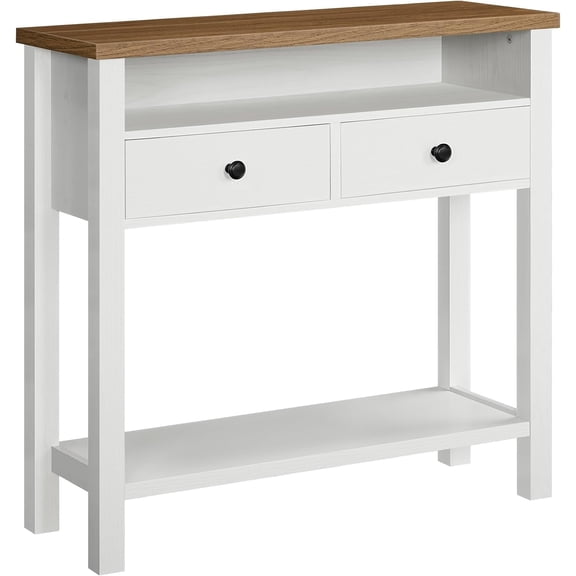 HOOBRO Farmhouse Entryway Table with 2 Drawers, White and Walnut