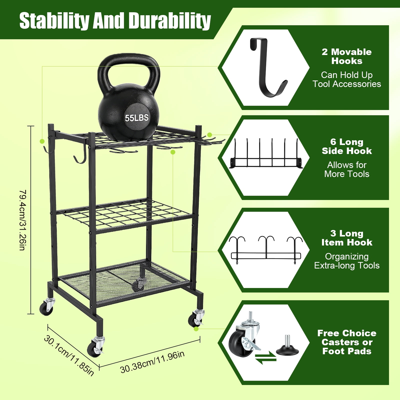 RELOIVE Garden Tool Organizer with Wheels, Metal Yard Tool Rack with Hooks for Garage Storage,Heavy-Duty Storage Holder for Yard Backyard