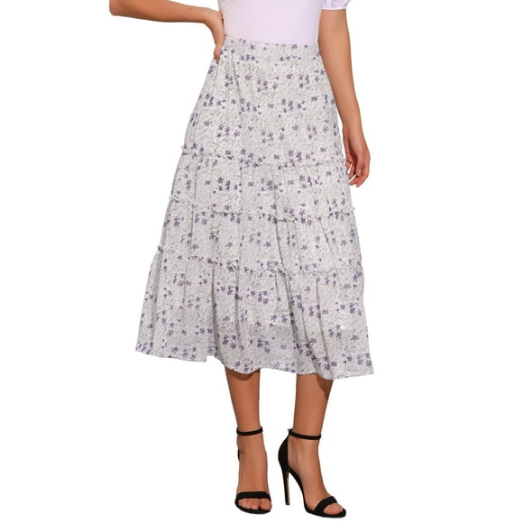 INSPIRE CHIC Women's Floral Skirt Elastic High Waist Ankle Length Chiffon A-Line Skirt XS White Flower