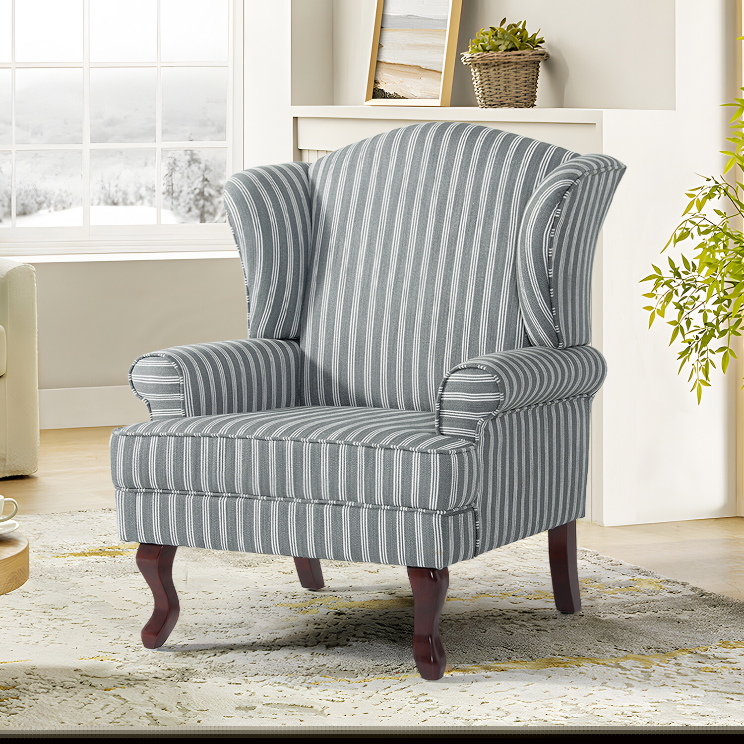 DREAMSIDEA Vintage Striped Accent Armchair, Comfy High Back Wing Chair Corner Chair Reading Chair for Living Room Bedroom Guest Room,Gray and White