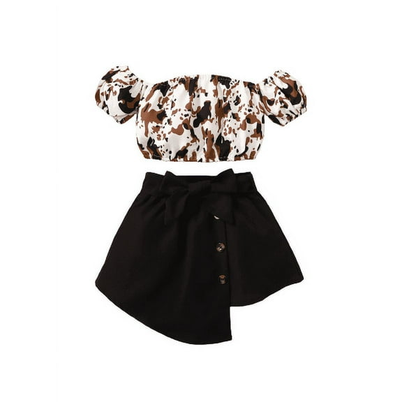 Mikrdoo Toddler Baby Girls Outfits Off The Shoulder Camouflage Print Tops Irregular Skirts Black 2PCS Clothes Set 2-3 Years