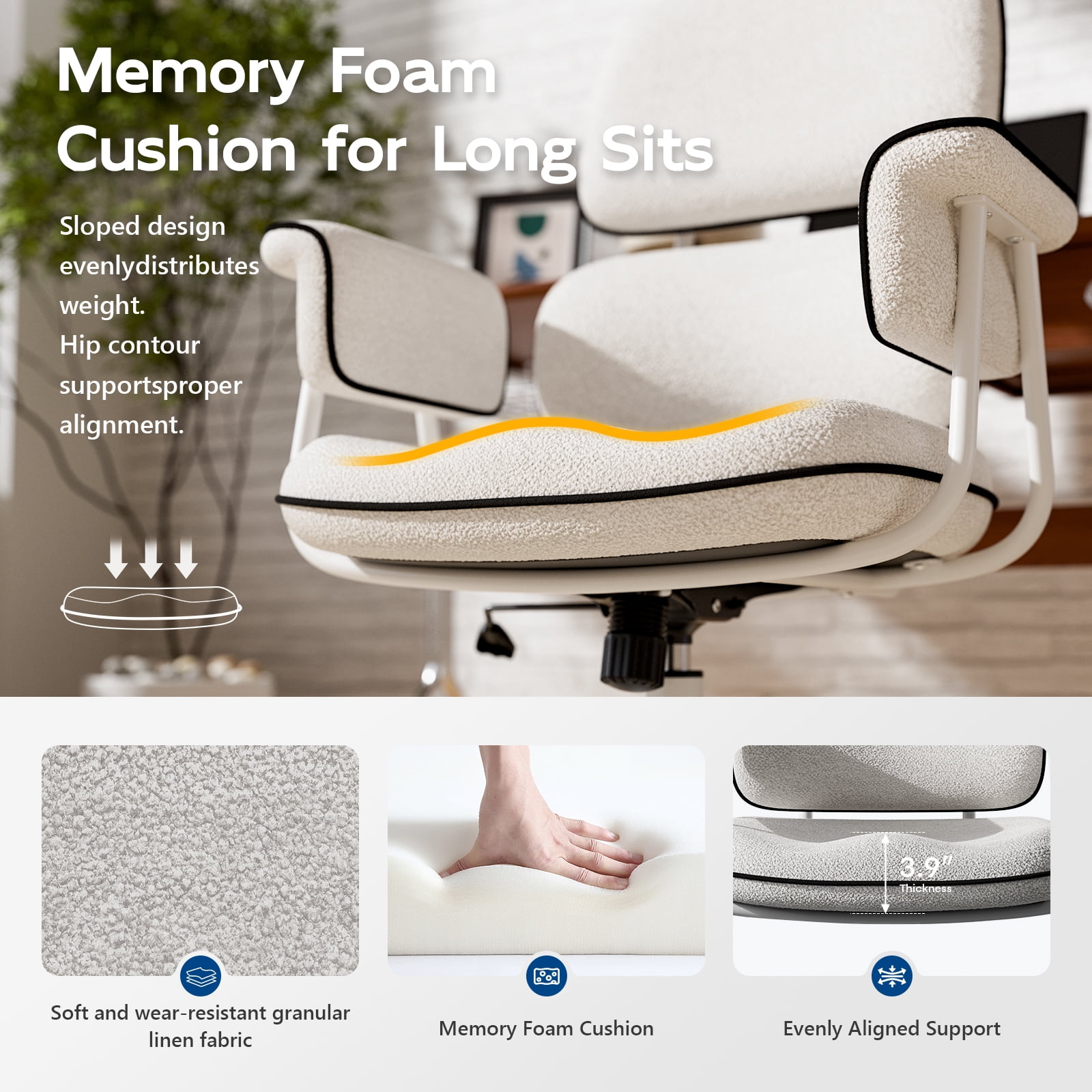 Genpo Desk Chair with Wheels and Arms, White Linen Fabric Executive Office Chair with Memory Foam Wide Seat, Padded Arms, Lumbar Support and Adjustable Height