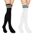 thumbnail image 1 of 2 pares de calcetines altos hasta la rodilla a rayas, calcetines casuales de algodón a rayas para uso diario de cosplay (1 par negro, 1 par blanco), 1 of 7