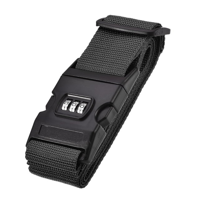 Unique Bargains Luggage Strap Suitcase Belt with Buckle, Combination Lock, 2Mx5cm Adjustable PP Travel Packing Accessory in black. The strap is made of durable polypropylene material, measures 200 cm in length and 5 cm in width, and features a solid combination lock for added security. It includes a label window for easy identification and a bright black colour for visibility. Ideal for securing luggage during travel.