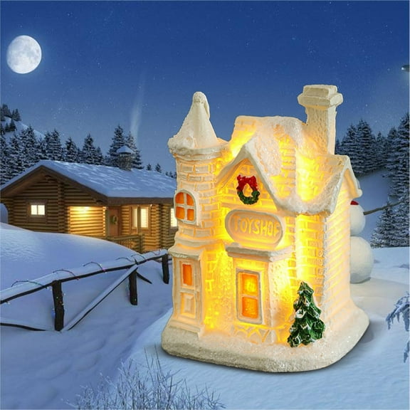 Christmas Gifts for Women & Kids, Christmas Snow Cottage Ornament with LED White Glowing Design, Resin Material, Christmas Decorations Indoor for Home, Desktop, Mantles, Shelve, Staircase, 1PC