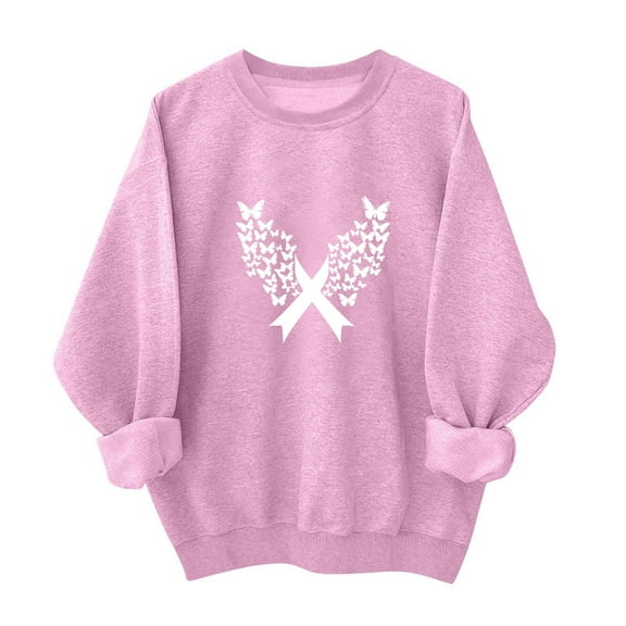 Womens Pink Sweatshirt Crewneck Breast Cancer Awareness Sweatshirts Long Sleeve Heart Ribbon Print Pullover Tops (XL, Pink 04)