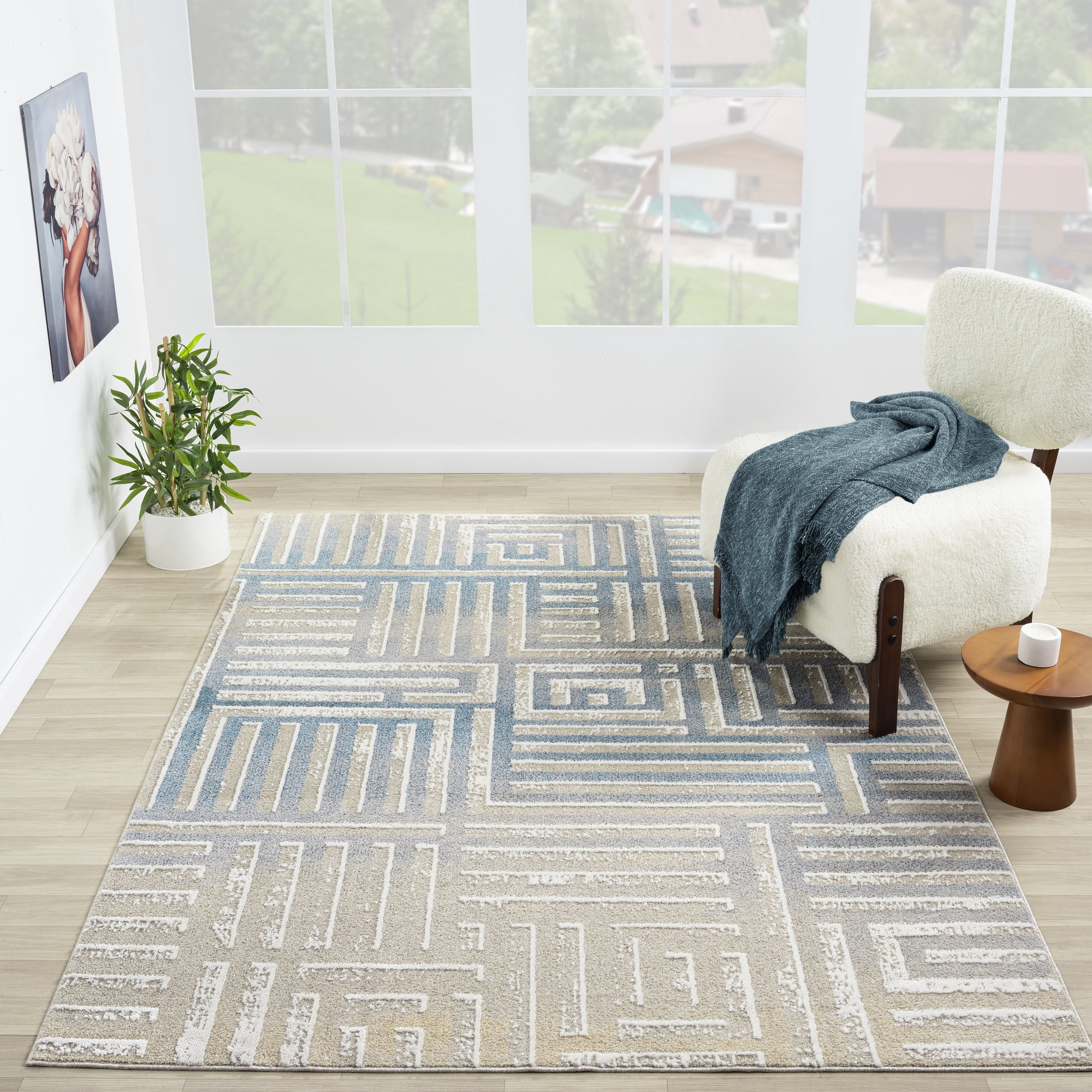 Ox Bay Wesley 2' x 3', Gray/Blue Geometric Washable Indoor Area Rug by Evette Rios