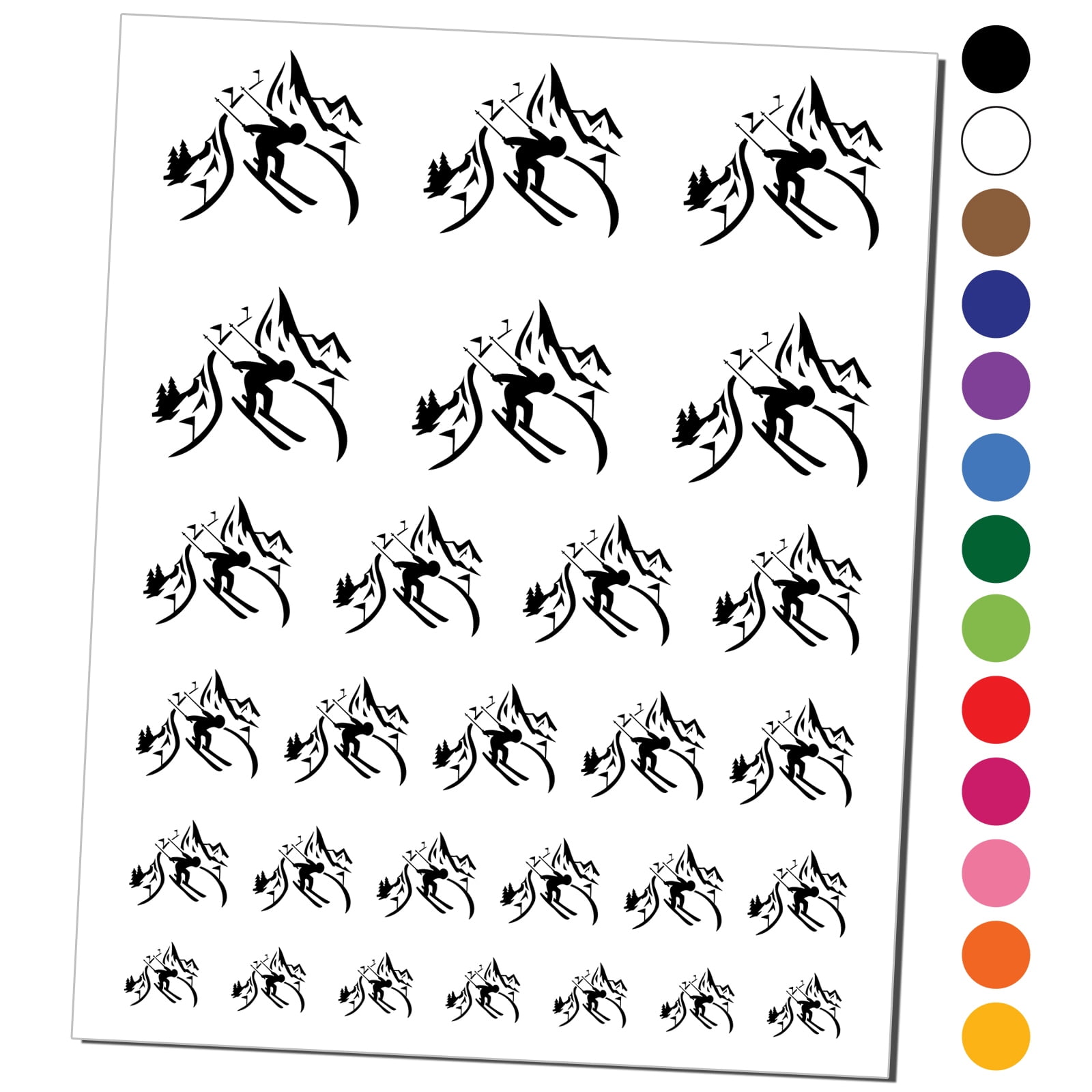 Skier Skiing Down Mountain Slopes Water Resistant Temporary Tattoo Set