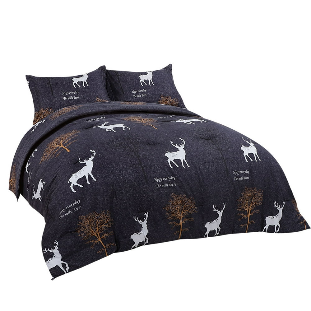 Unique Bargains 3pc Deer Comforter Set, Queen, Polyester, Dark Blue
