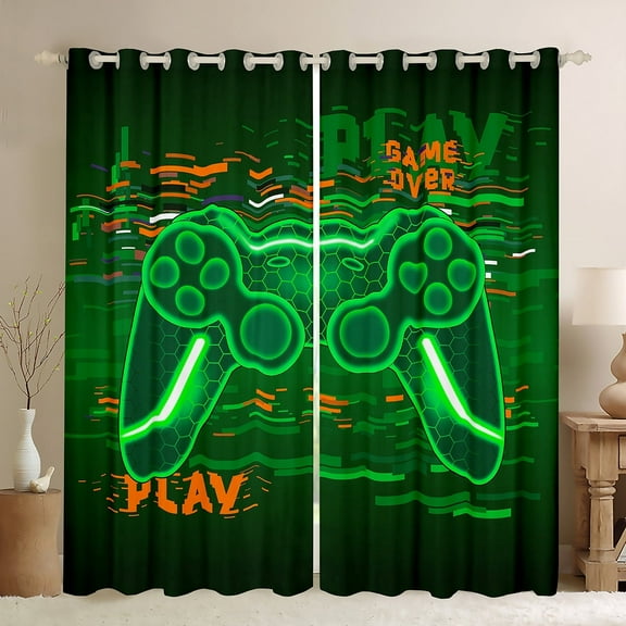 Erosebridal Gamer Curtains for Living Room for Teens, Neon Gamepad 30%-50% Blackout Curtains Set of 2 (38x45), Green Geometry Decor