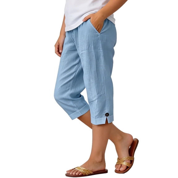 JFOPQVSM Girls Capris Linen Pants with Pockets Cotton Trousers for Women Ladies Summer Loose Slacks