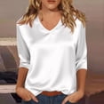 thumbnail image 2 of 3/4 Sleeve V Neck Women's Blouses Silk Satin Casual Dressy Tops Loose Fit Lightweight Soft Breathable Business Work Shirts, #02 White, M, 2 of 7
