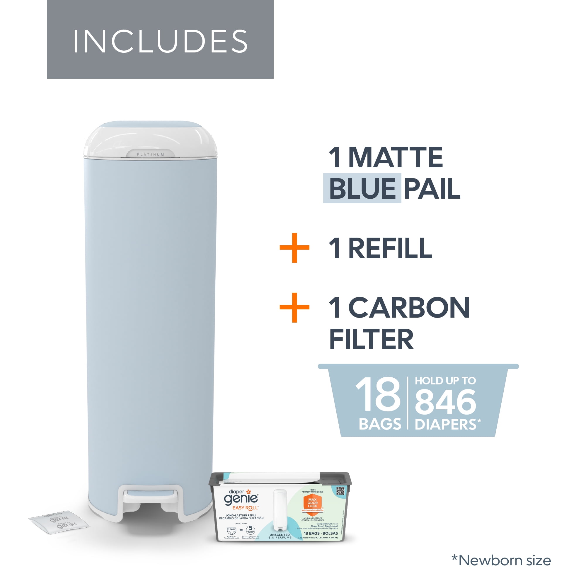 Diaper Genie Platinum Pail,Glacial Blue,Stainless Steel,1 Diaper Pail, 1 EasyRoll 18 Bags