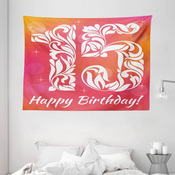 15th Birthday Decorations Tapestry, Teen Girls Room Floral Number Design with Hearts and Stars, Wall Hanging for Bedroom Living Room Dorm Decor, 80W X 60L Inches, Pink Orange White, by Ambesonne