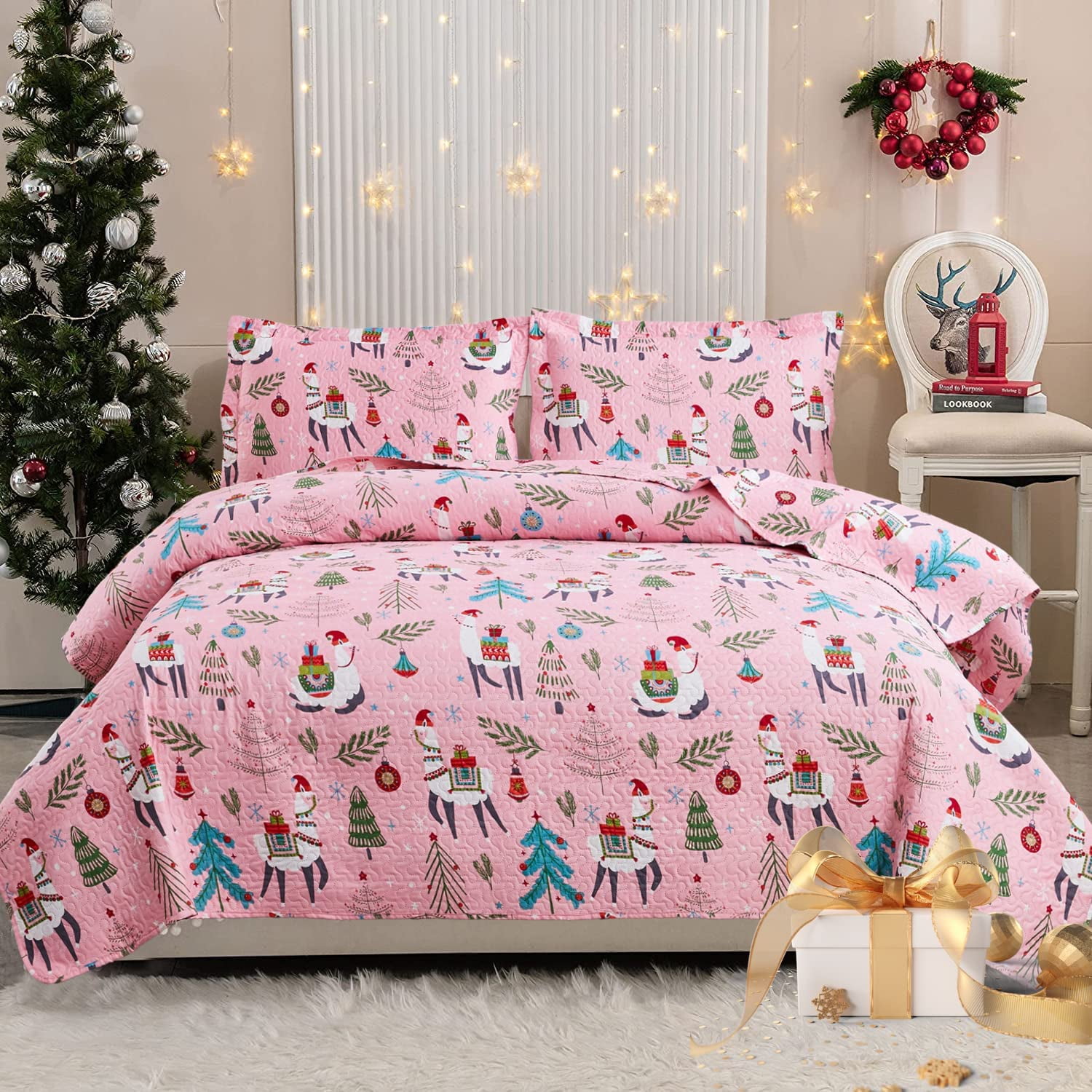 Jessy Home Christmas Quilt Sets Twin Size Pink Bedding Sets Alpaca
