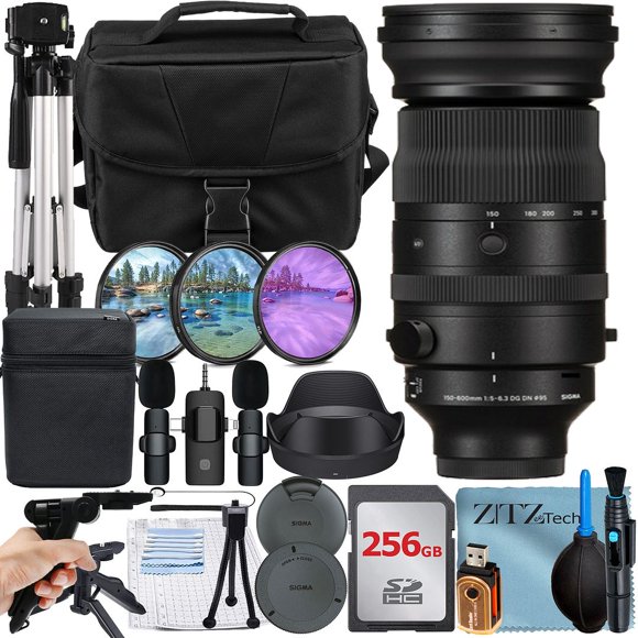 Sigma 150-600mm f/5-6.3 DG DN OS Sports Zoom Lens for Sony E Bundle with 256GB Memory Card + Case + Filter Kit + ZeeTech Accessory Bundle