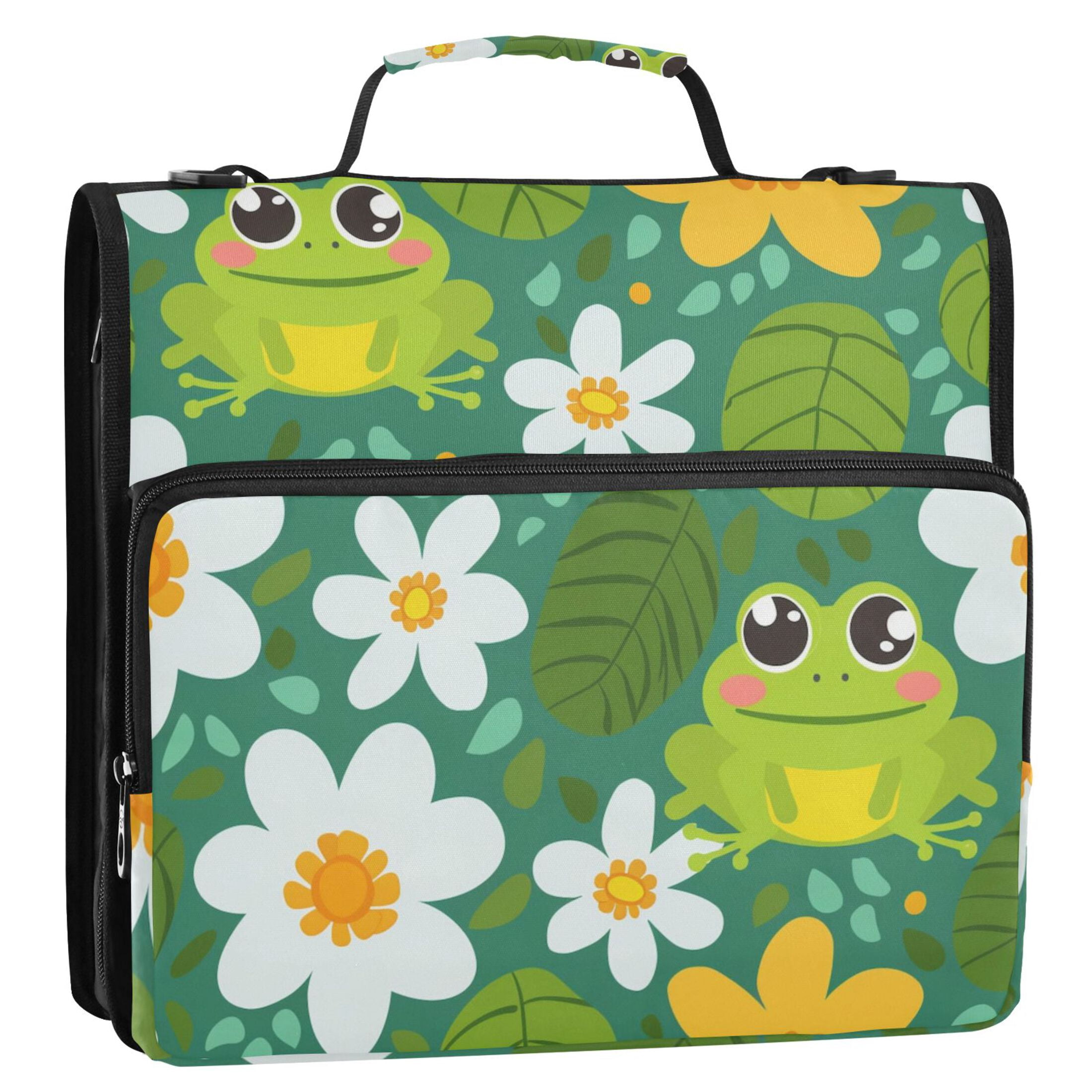 3 Ring Zipper Binder with Shoulder Strap Waterproof Trapper Keeper 2 Inch D-Ring 500 Sheets Capacity Cute Frog Leaf Flower