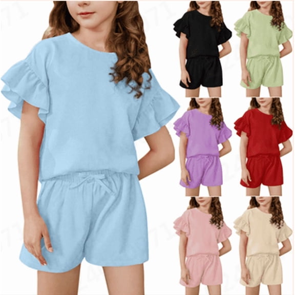 MKOSPLRT 3-15 Years Athletic Outfits for Girl Ruffle Sleeve Tops and Elastic Waist Shorts Solid Baggy Running Sweatsuits 2 Piece