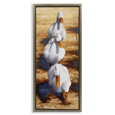 Stupell Industries Cluck Queue Duck Trio Animals Painting Brown Floater Framed Canvas Art Print Wall Art, 14 x 31
