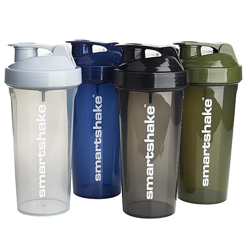 Smartshake Lite Paquete de 4 Botellas Coctelera de Proteínas 800 ml | 27 oz - Tapa roscada a prueba de fugas - Sin BPA - Unisex - Gris niebla, Verde militar, Negro, Azul marino