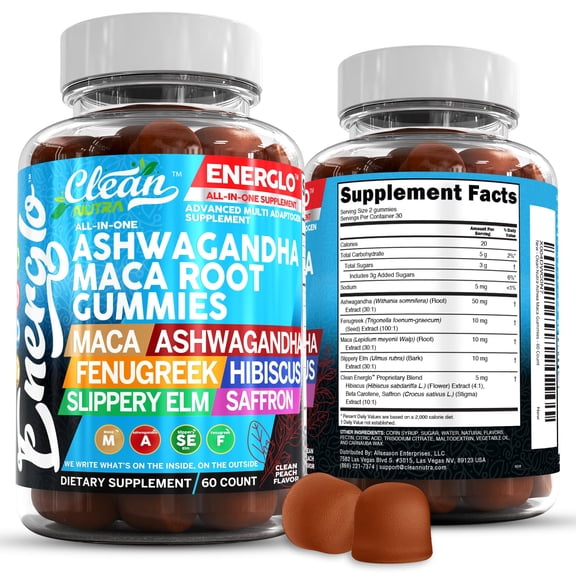 Ashwagandha Maca Root Gummies with Fenugreek Hibiscus Slippery Elm Saffron Extract & Beta Carotene | Peach Flavor Vegan Gummy Vitamins Adaptogen Cortisol Supplement Energlo By Clean Nutra
