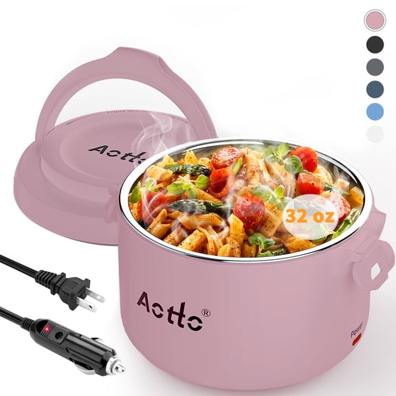 Aotto Electric Lunch Box, 32 oz Portable Heated Lunch Box for Adults, 12V/24V/110V Portable Food Warmer for Car/Truck/Work, BPA-Free, Pink