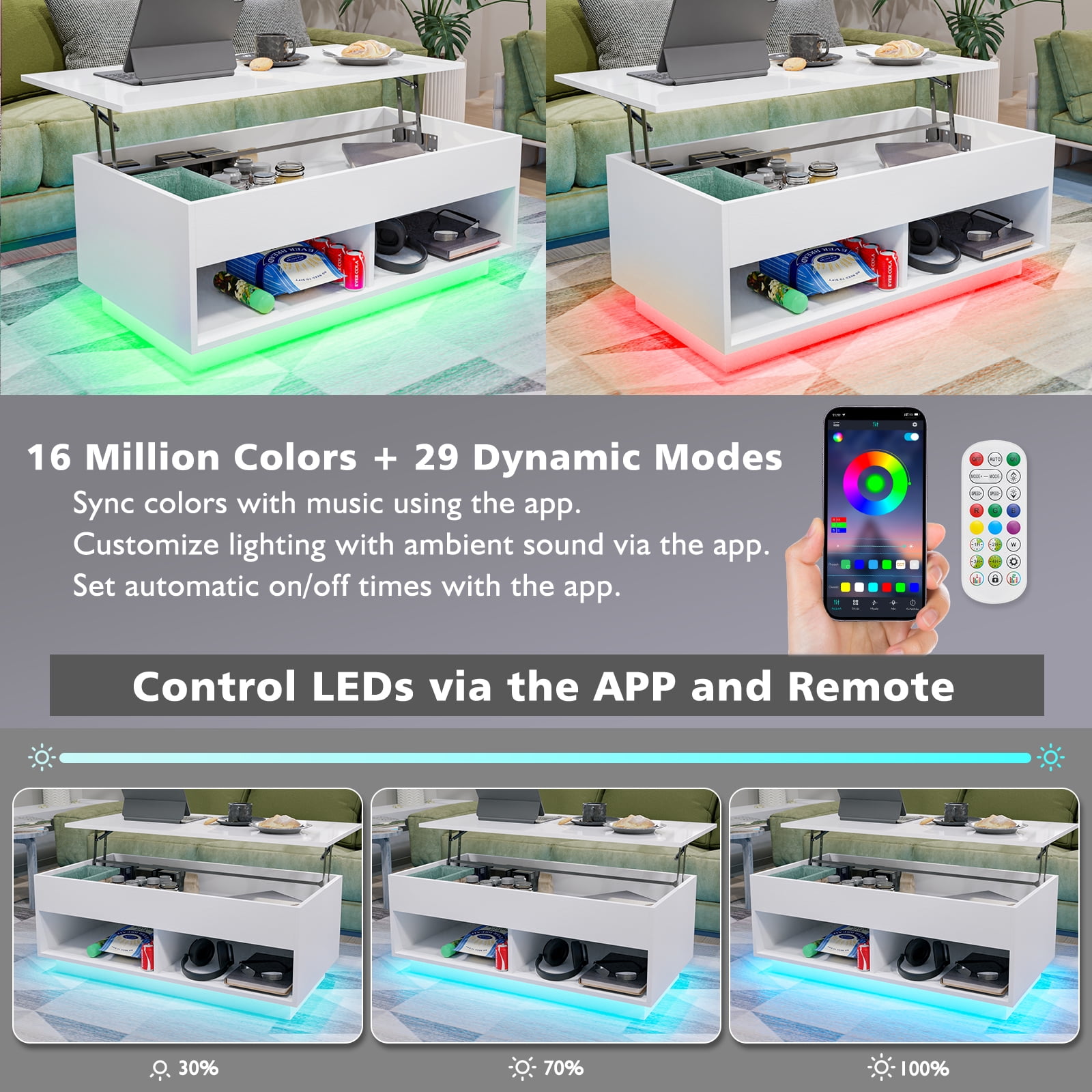 Hommpa LED Lift Top Coffee Table with Hidden Compartment High Gloss White Coffee Tables Center Rising Cocktail Table for Living Room Accent Furniture