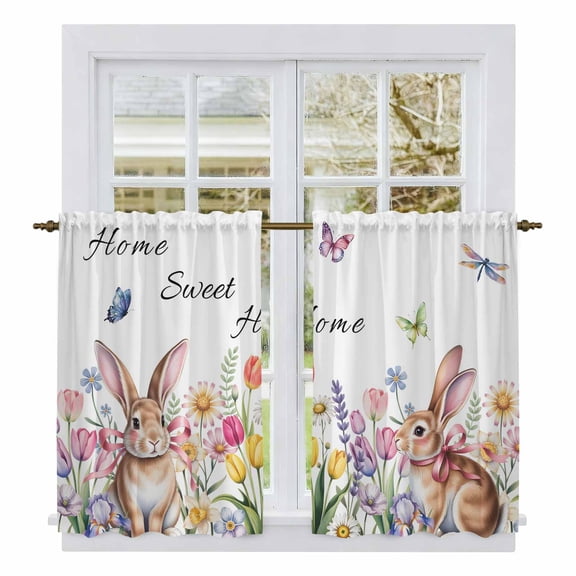 Easter Kitchen Curtains 45 Inch Length, Spring Watercolor Tulip Butterfly Flower Plant Tiers Curtains for Bathroom Bedroom Cafe, Light Filtering Small Window Treatment Short Drapes 2 Panels 42"Wx45"L
