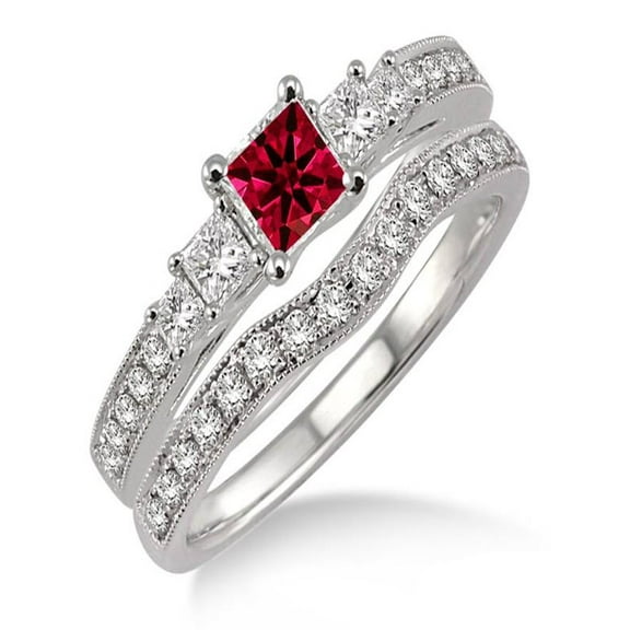 1.5 Carat Ruby & Diamond Antique Bridal set Halo Ring on 10k White Gold