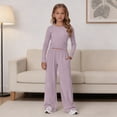 thumbnail image 5 of CPNG Girls 2 Piece Outfit Set Solid Color Long Sleeve Slim Top and Matching Wide Leg Lightweight Casual Sweatsuit Set, 5 of 9