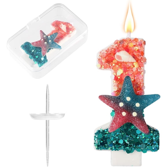 Bougie Numéro Sirène, Première Bougie d'Anniversaire Étoile de Mer Sirène 1er Décoration de Gâteau pour Filles Enfants Anniversaire Baby Shower Mariages Fête Fournitures (Numéro 1)