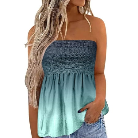 Drses Women s Tank Tops Fashion Women s Summer Casual Gradient Printed Pleated Strapless Bra Tank Top Womens Summer Tops