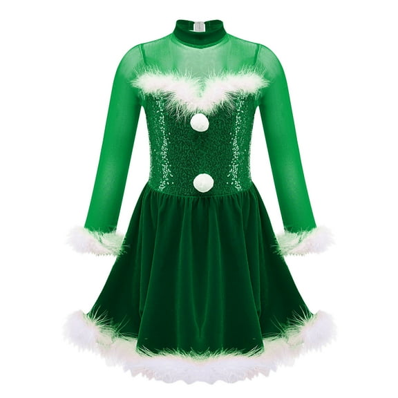 Alvivi Kids Girls Sequin Ice Skating Dance Leotard Dress Christmas Snowman Party Costume Green 16