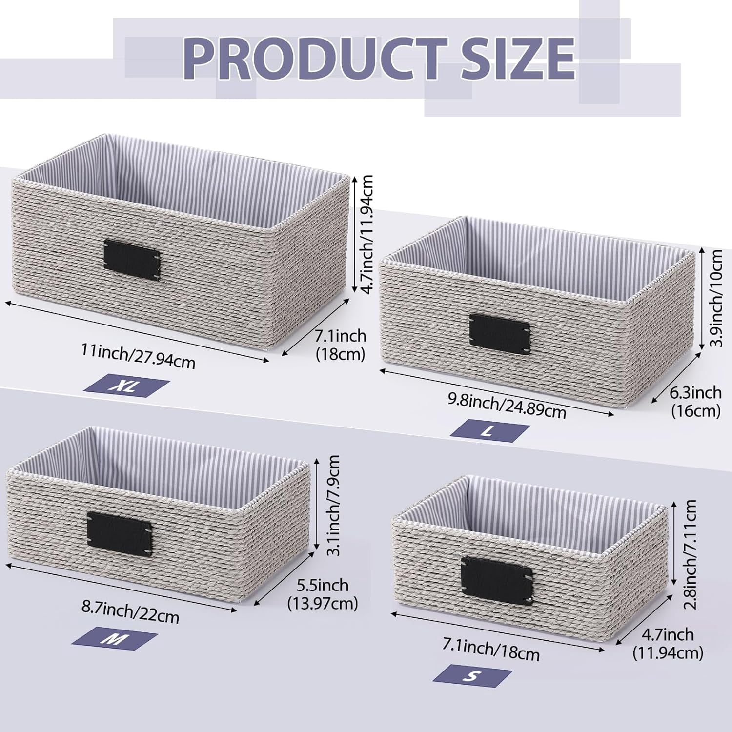 4 Pcs Woven Storage Baskets for Shelves Paper Rope Organizer Recycled Wicker Organizing Basket with Label Liner Large and Small Decorative Multifunctional Bins for Shelves Cupboards Drawer(Grey)