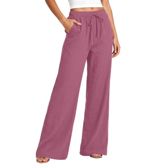 Mlzmgr Wide Leg Pants for Women Casual Loose Drawstring Elastic High Waisted Cotton Linen Summer Beach Pants with Pockets(X-Large)