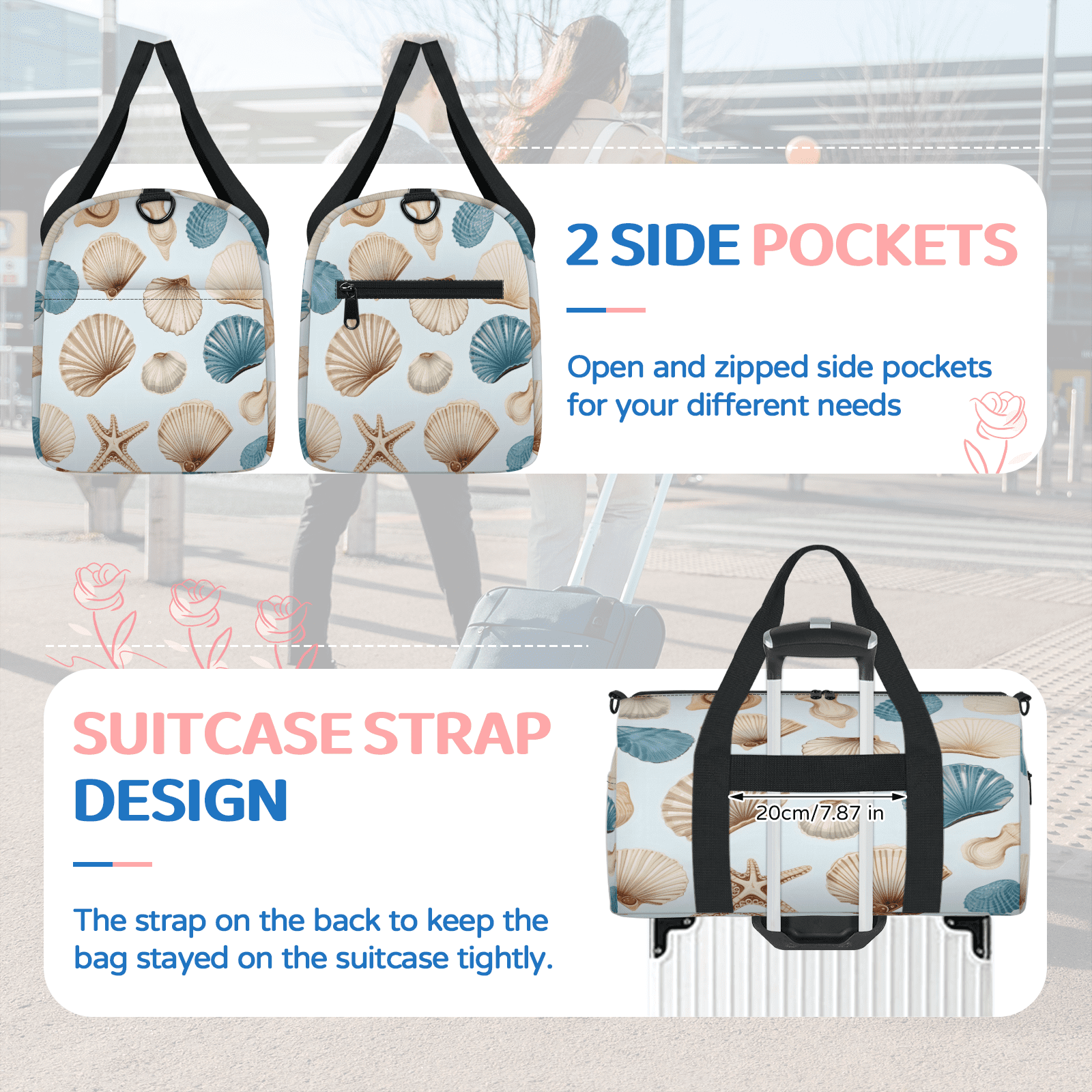 Herdesigns Starfish Seashell Coral Travel Duffle Bag Sports Yoga Weekender Overnight Carry on Workout Bags Lightweight Waterproof Gym Tote Bag for Women