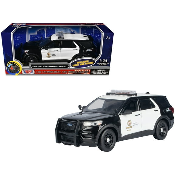 2022 Ford Police Interceptor Utility Black and White "LAPD" w/Light Bar and Lights and Sounds 1/24 Diecast Model Car by Motormax