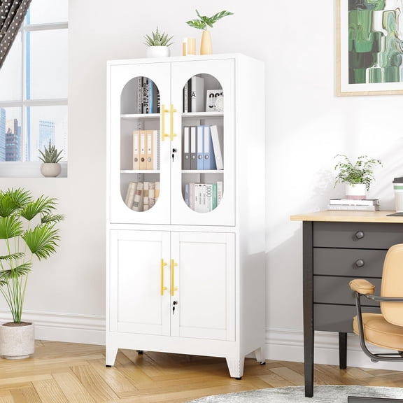 Metal Storage Cabinet with Adjustable Shelves, 61" Tall Garage Cabinet with 4 Lockable Doors, White Kitchen Pantry Cabinets,Steel Locking Cabinets for Kitchen, Garage, Office,Living Room