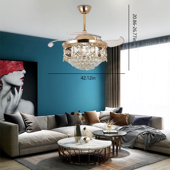 Modern 42" Crystal LED Invisible Ceiling Fan Chandelier Lamp Light w/Remote Gold  110V 36W for A Bedroom, Living Room, Study