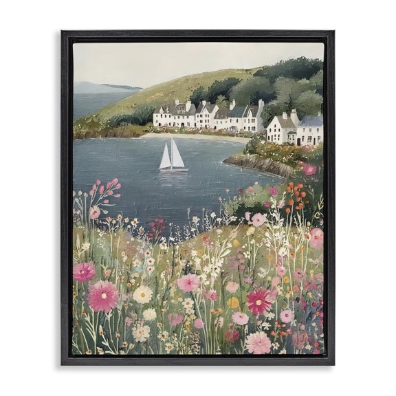 Stupell Industries Coastal Clifftop Meadow & Sailboat Black Floating Frame Canvas Art, 17 x 21, by Riley B